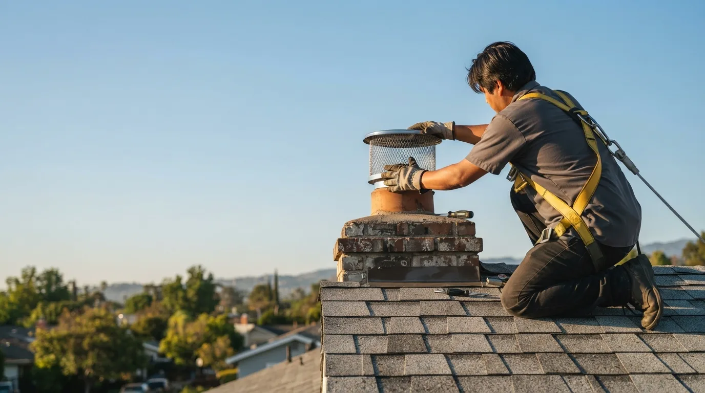 Technician in a roof harness inspecting an open chimney flue for a bird nest on a Fort Worth, TX home