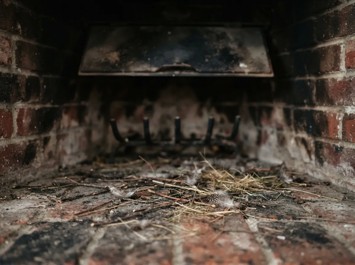 Bird nest debris and droppings piled inside a firebox beneath an open damper