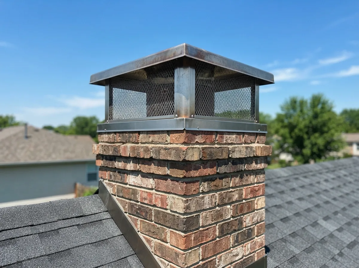Brick chimney with a fitted stainless mesh cap installed to keep birds out, on a Fort Worth, TX roof