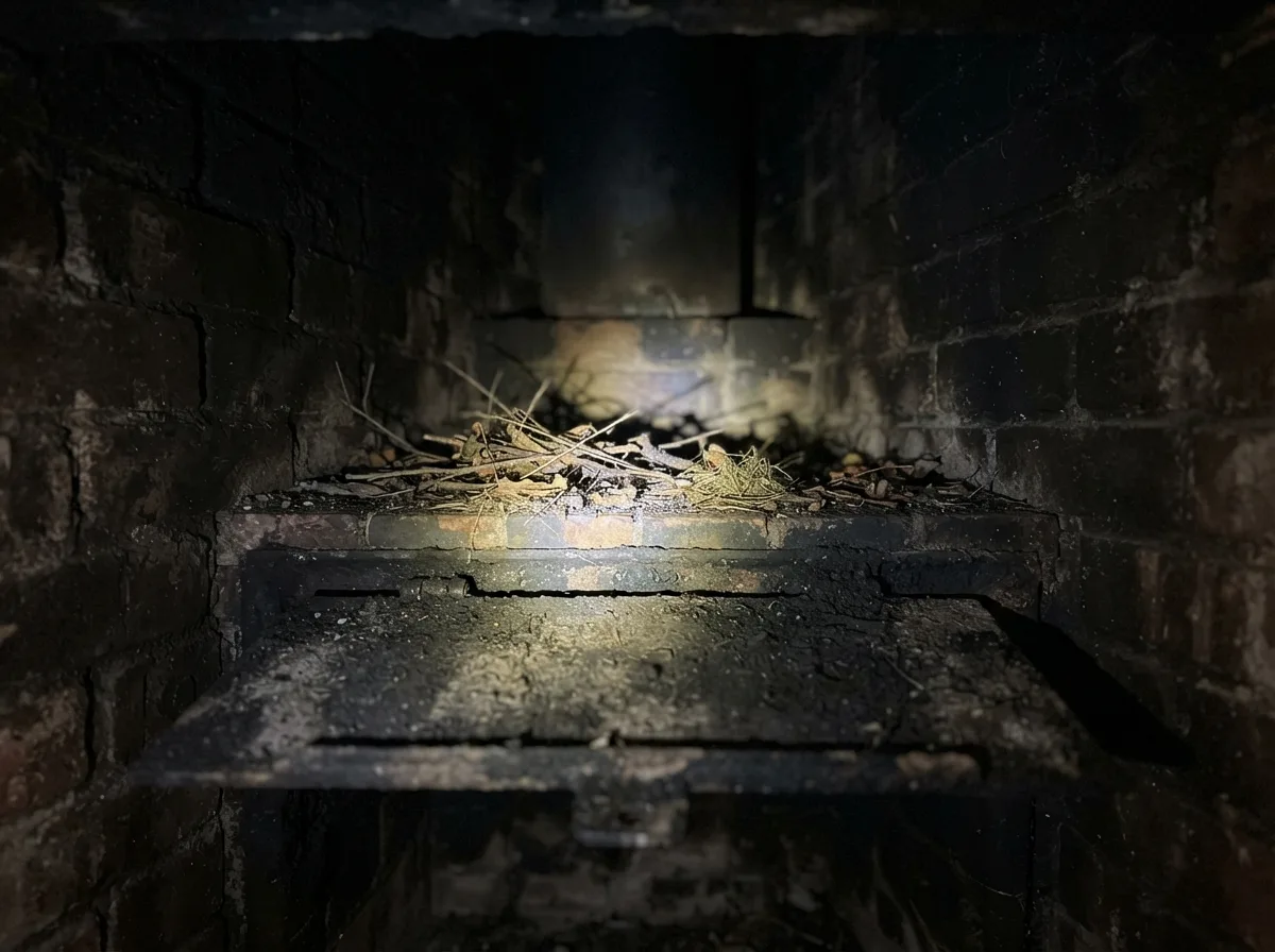 Looking up a sooty chimney flue at the smoke shelf with bird nest debris visible