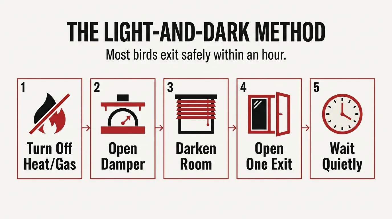 Five-step light-and-dark method: turn off heat, open damper, darken room, open one exit, wait quietly.