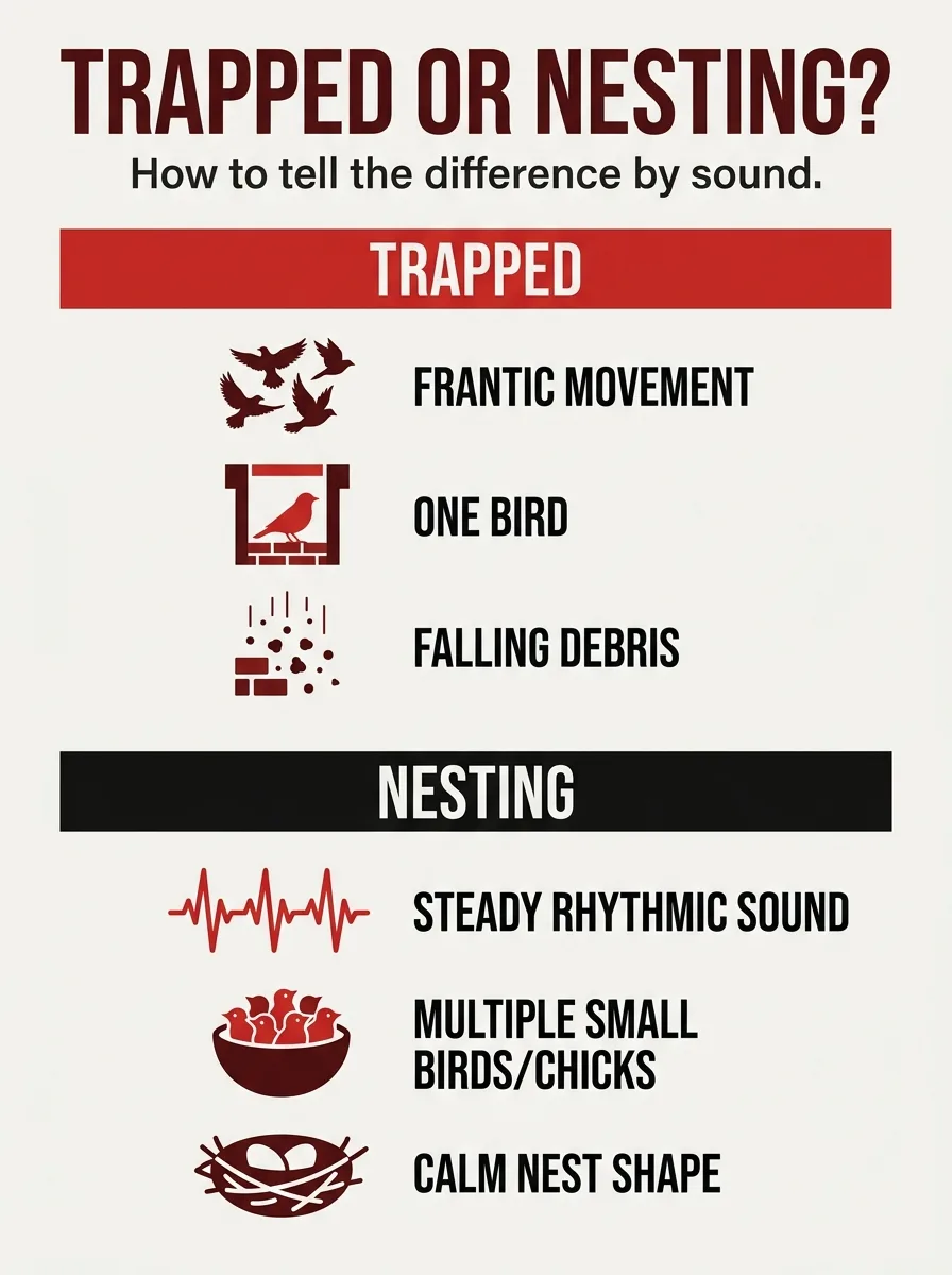 Chart comparing trapped bird signs (frantic movement, debris) versus nesting signs (steady sound, chicks, calm nest).
