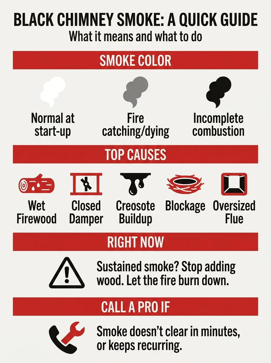 Chart showing smoke color meanings, five causes of black chimney smoke, immediate steps, and when to call a professional