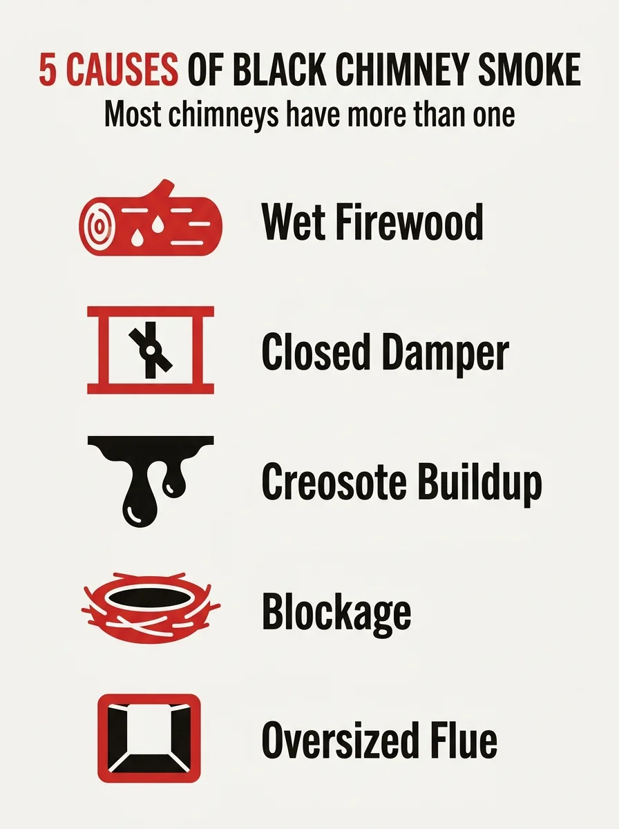 Icon chart listing the five causes of black chimney smoke: wet firewood, closed damper, creosote, blockage, oversized flue