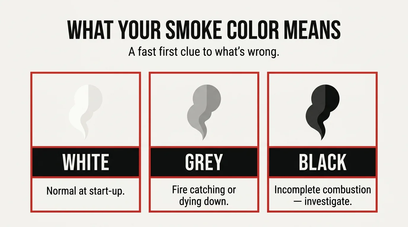 Side-by-side comparison of white, grey, and black chimney smoke with what each color means