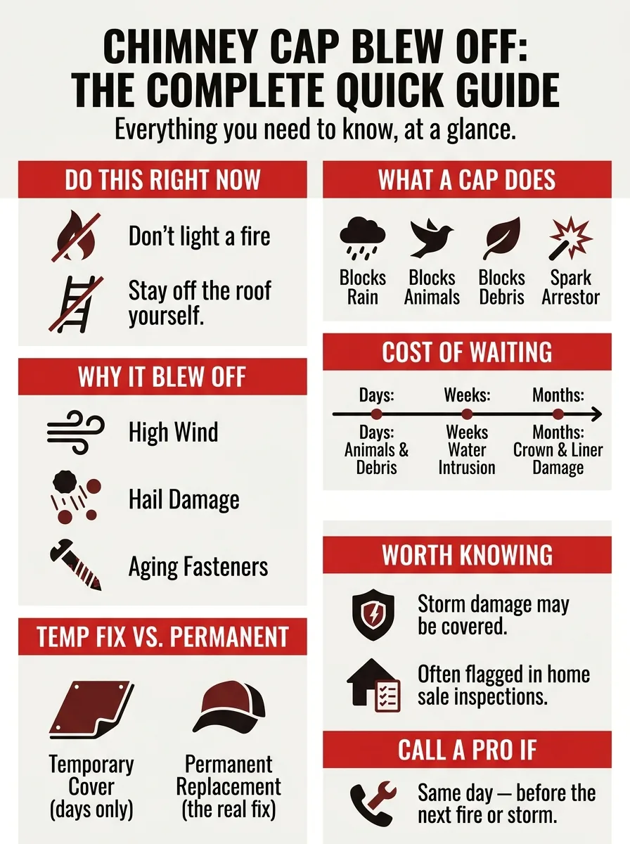 Quick-guide infographic covering what to do now, why caps blow off, what a cap does, cost of waiting, and when to call a pro