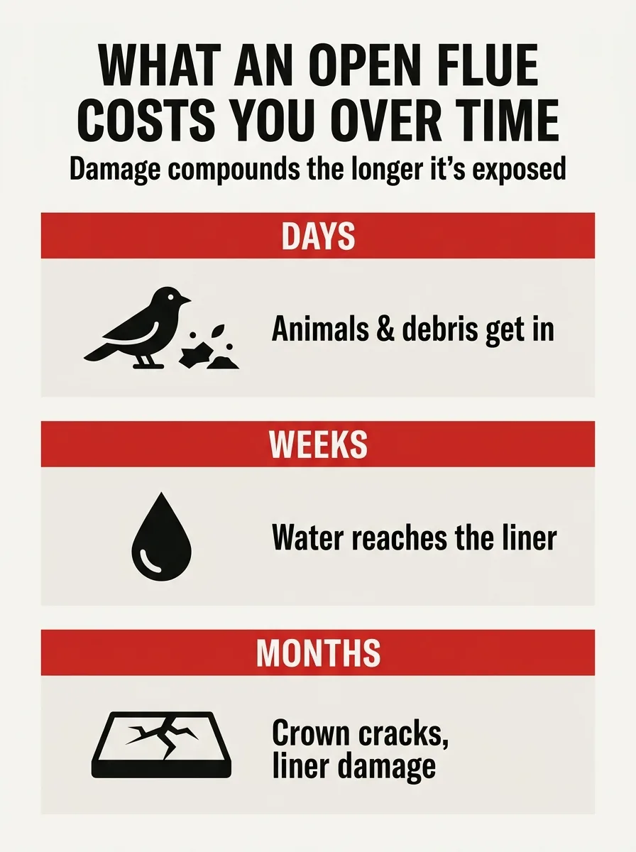 Timeline showing open flue damage over time: animals and debris in days, water intrusion in weeks, crown damage in months