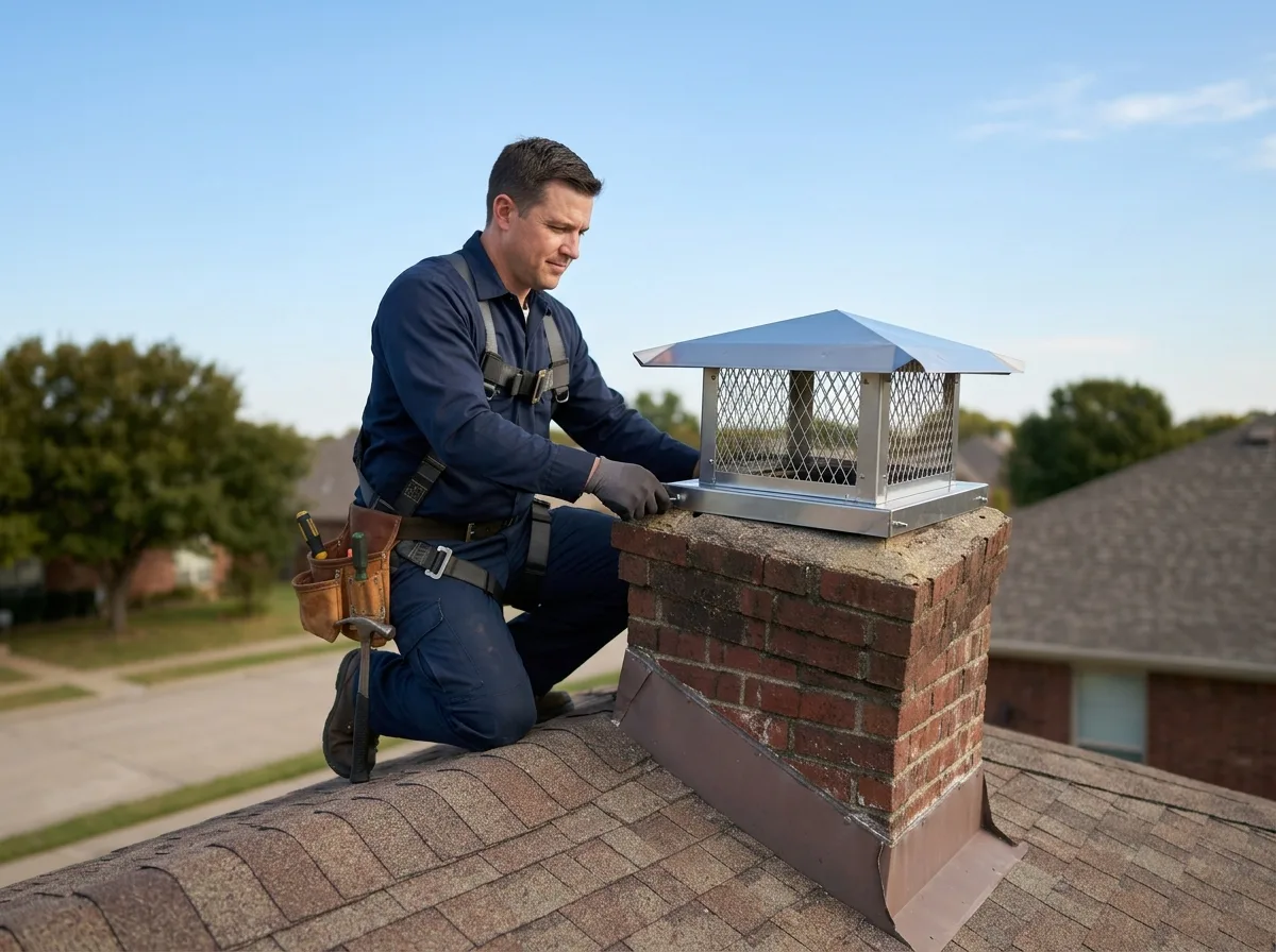 Chimney technician in a harness installing a new stainless steel cap on a brick chimney