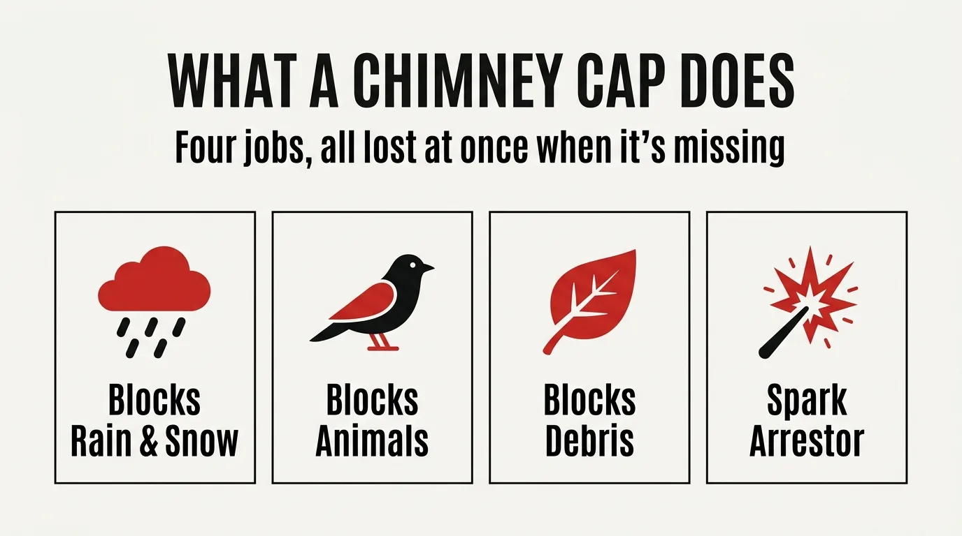 Icon chart showing a chimney cap's four jobs: blocking rain, animals, debris, and acting as a spark arrestor
