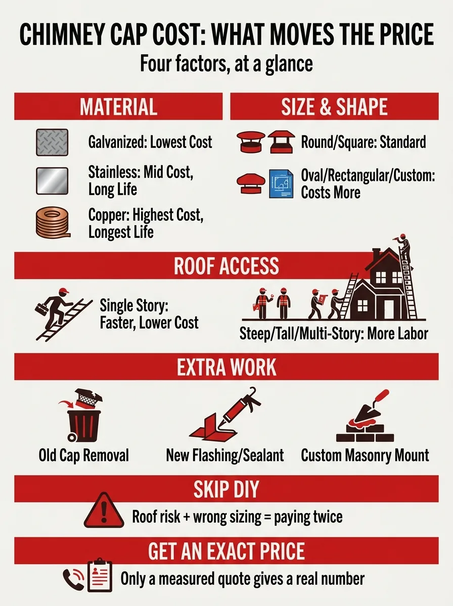 Chimney cap installation cost factors summary: material, size and shape, roof access, extra work, and getting a quote
