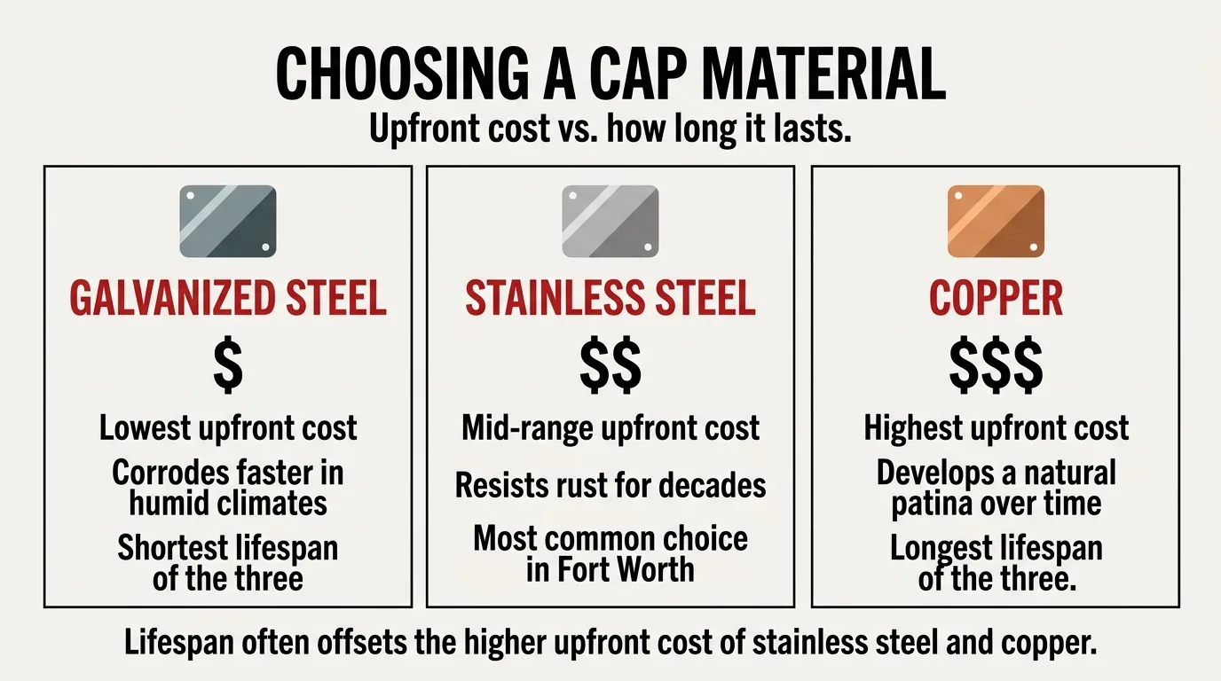 Comparison chart of galvanized, stainless steel, and copper chimney cap materials by cost and lifespan