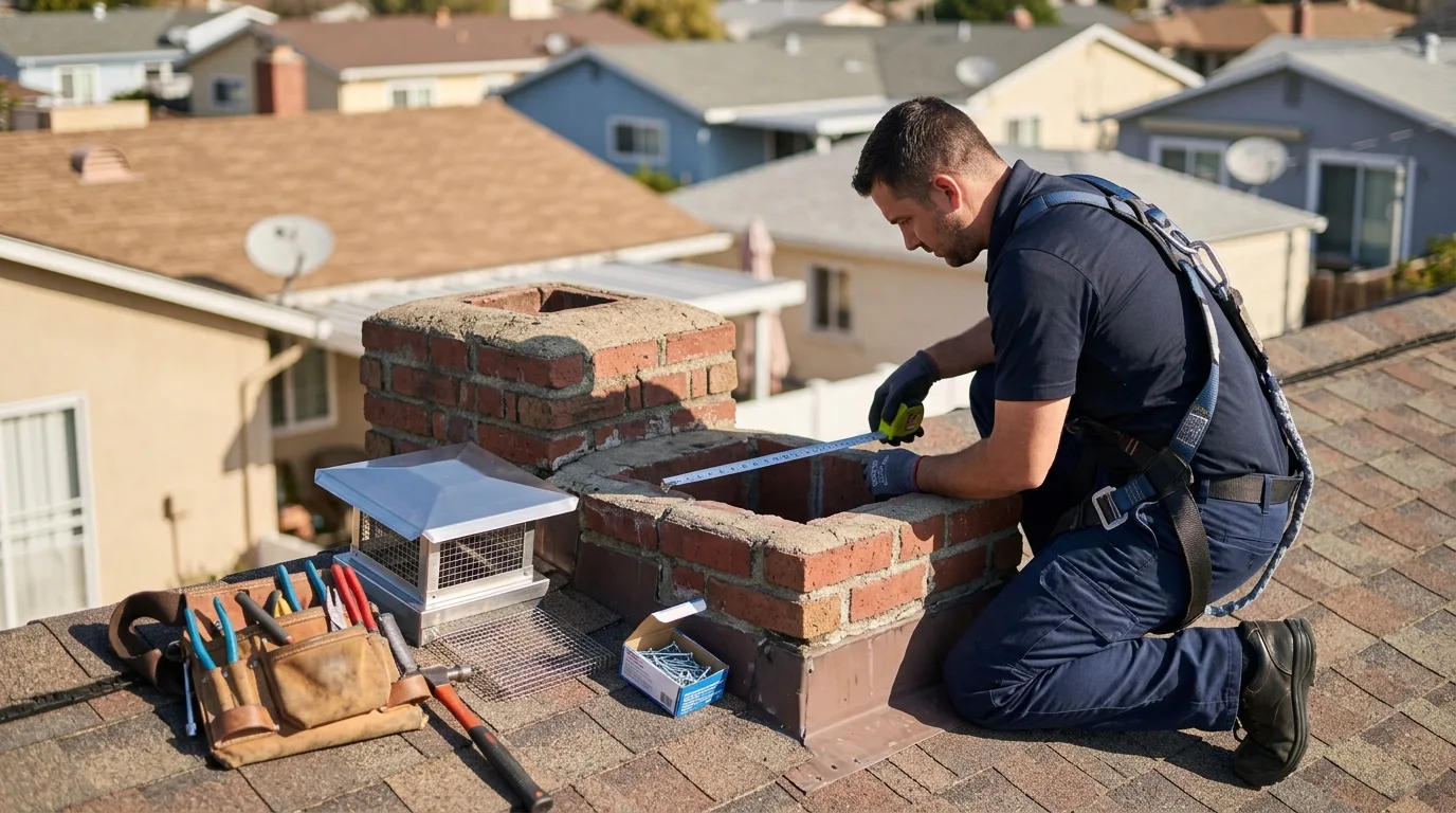 Chimney technician measuring a flue opening on a rooftop before fitting a new cap