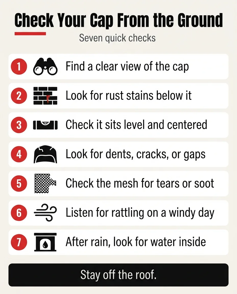 Infographic titled Check Your Cap From the Ground, listing seven steps to inspect a chimney cap