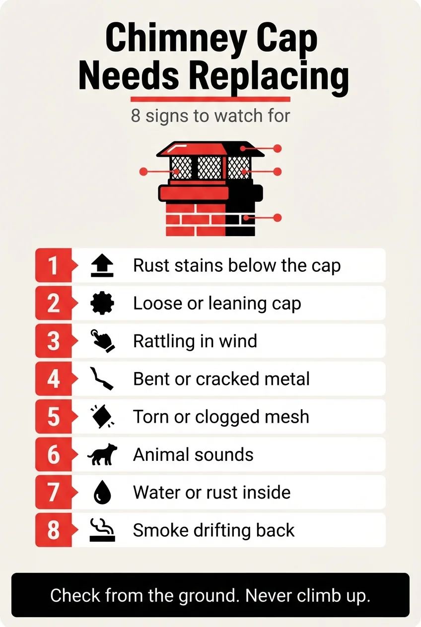 Infographic titled Chimney Cap Needs Replacing, listing 8 signs from rust stains to smoke drifting back