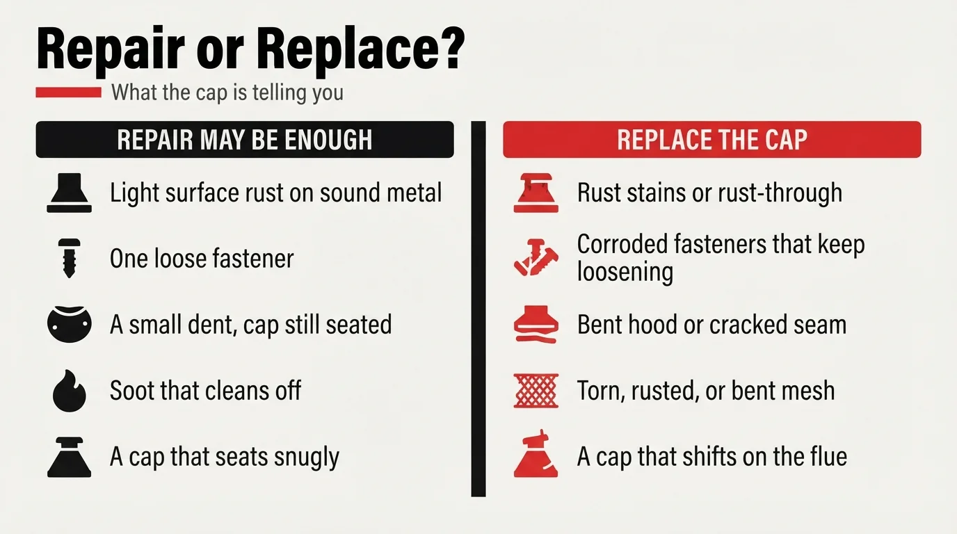 Infographic titled Repair or Replace, comparing signs that call for cap repair versus full replacement
