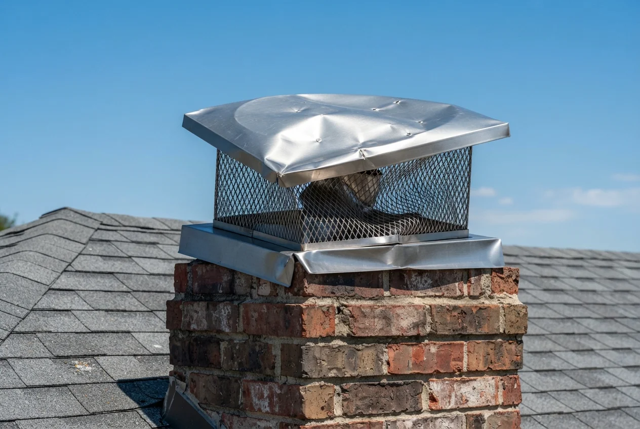 Stainless steel chimney cap with a dented, crumpled hood and mesh on a brick chimney