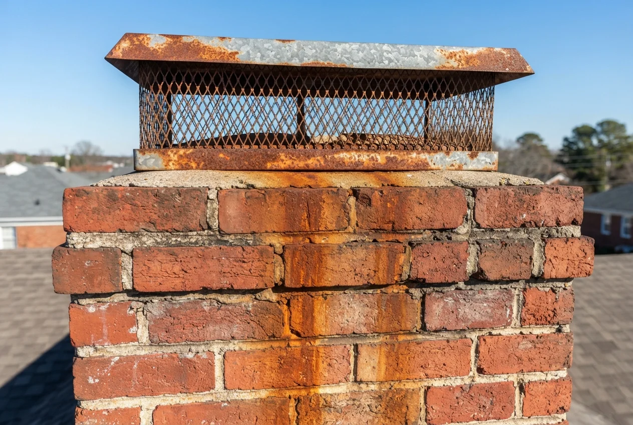 Heavily rusted chimney cap with rust stains streaking down the brick chimney below it