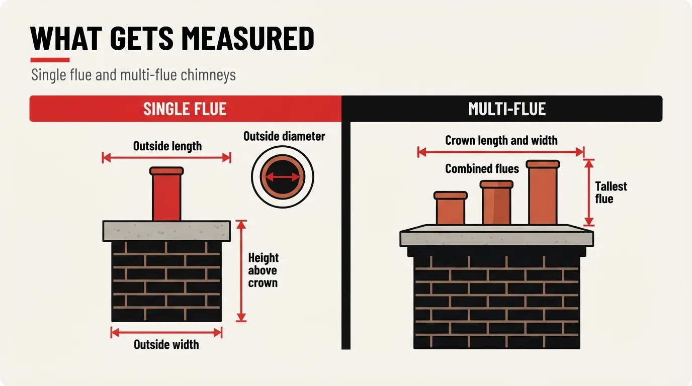 Diagram titled What Gets Measured, comparing single-flue and multi-flue chimney measurements side by side