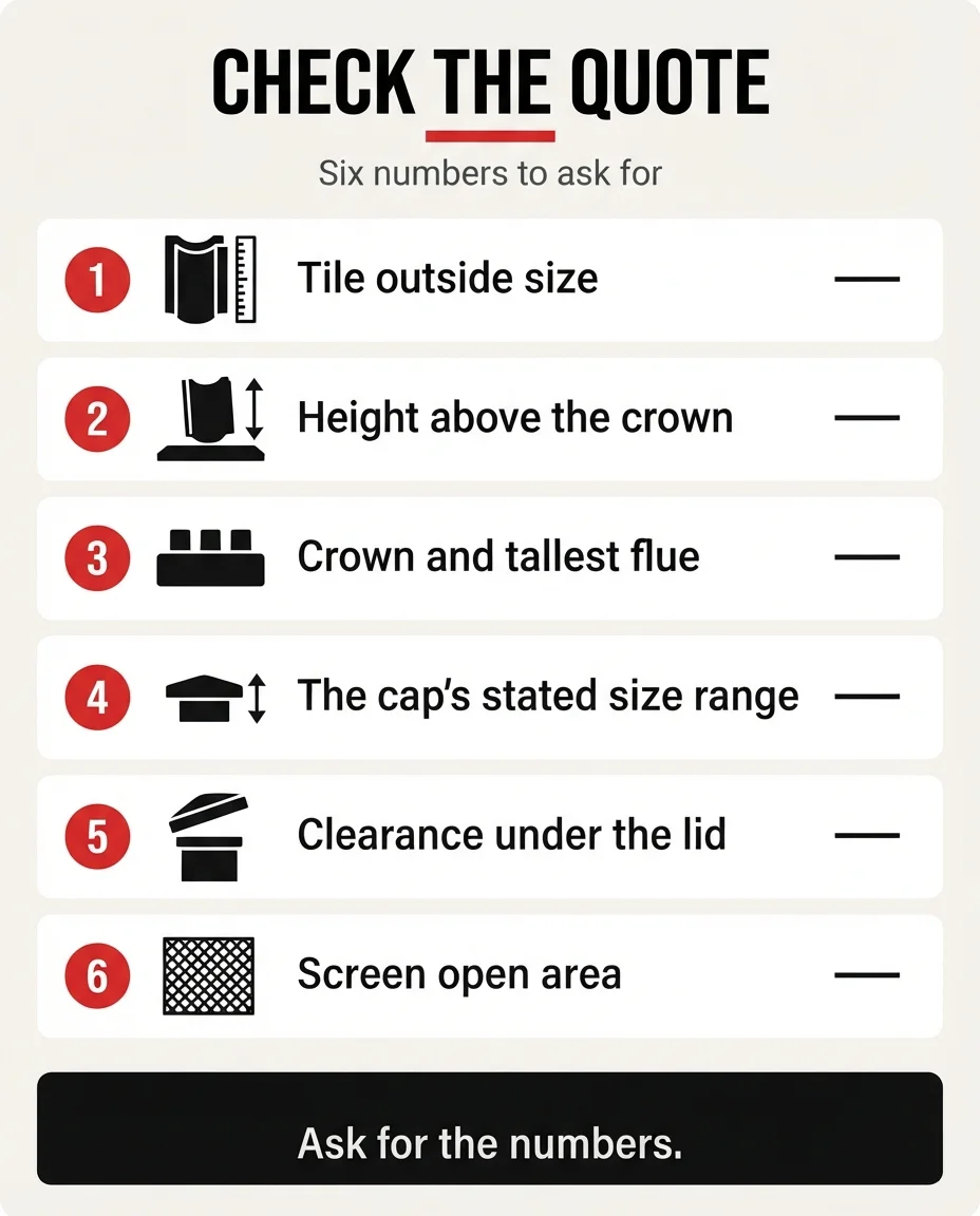 Infographic titled Check the Quote, listing six numbers to ask a chimney cap installer for