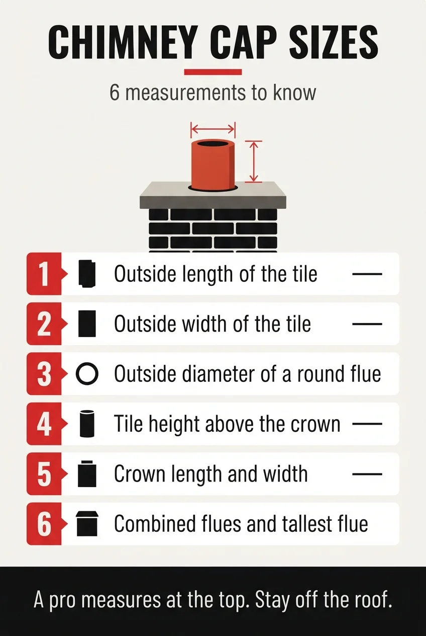 Infographic titled Chimney Cap Sizes: 6 Measurements to Know, listing the six measurements a chimney cap needs