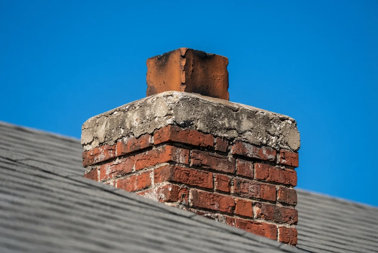 Single clay flue tile rising above a cracked concrete crown on a brick chimney