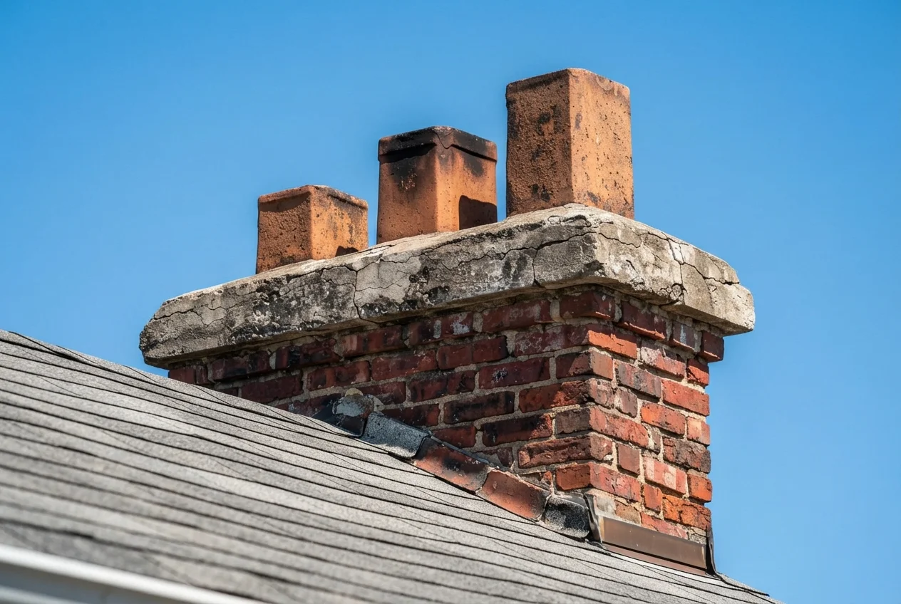 Three clay flue tiles rising from a single concrete crown on a brick chimney, the kind of stack a multi-flue cap has to cover