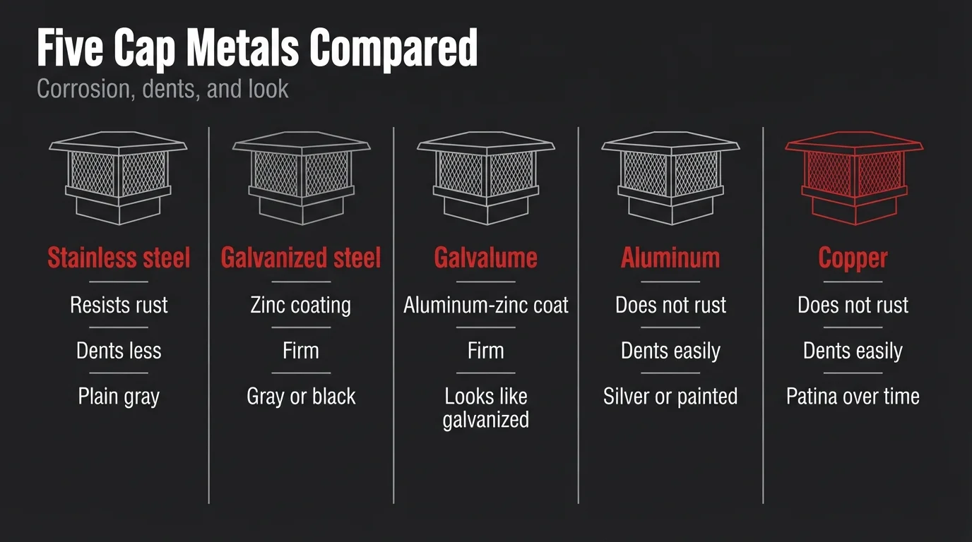 Infographic titled Five Cap Metals Compared, comparing corrosion resistance, dent resistance, and look