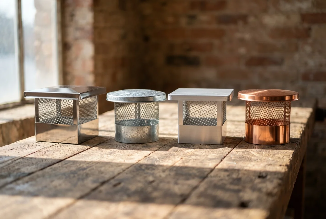 Four chimney caps in stainless steel, galvanized steel, and copper sitting on a wood workbench