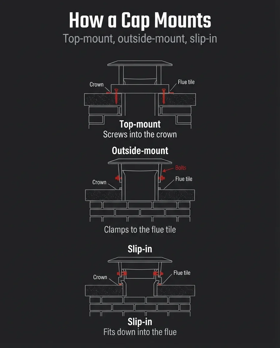 Infographic titled How a Cap Mounts, showing top-mount, outside-mount, and slip-in installation