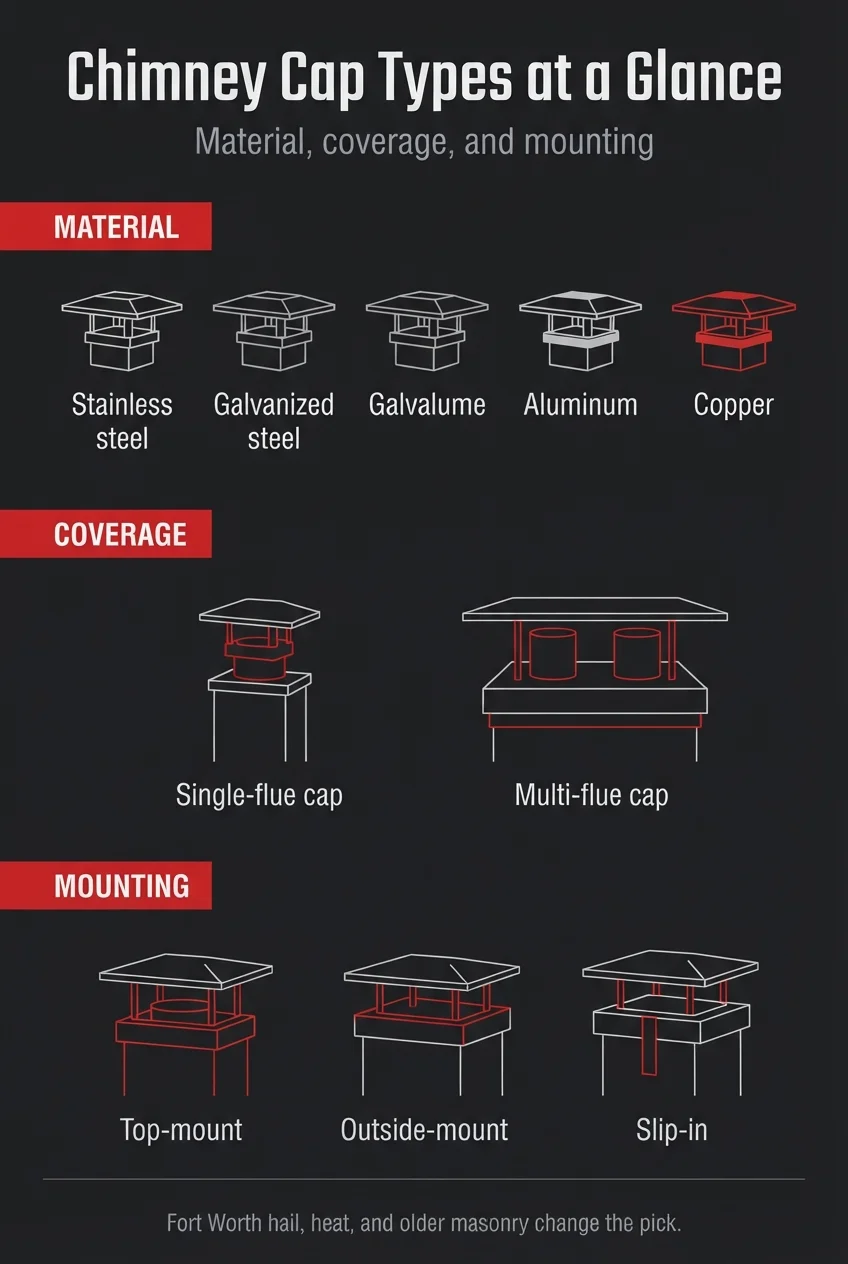 Infographic titled Chimney Cap Types at a Glance, covering cap material, coverage, and mounting options