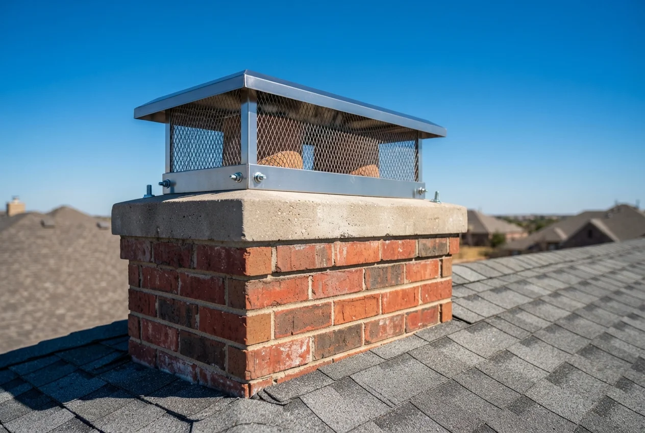 Stainless steel chimney cap with mesh screening installed on a brick chimney crown