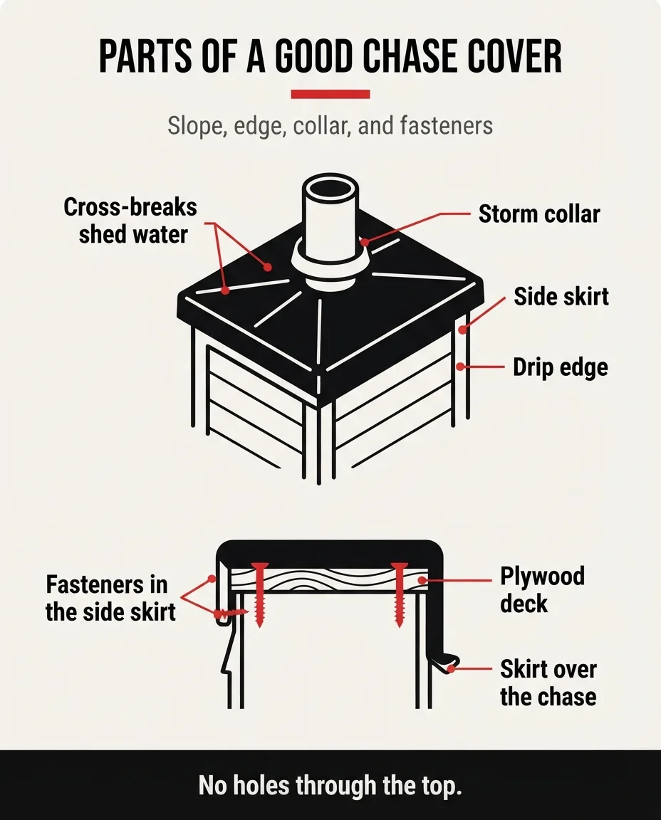 Infographic titled Parts of a Good Chase Cover, labeling cross-breaks, storm collar, side skirt, drip edge, and fasteners