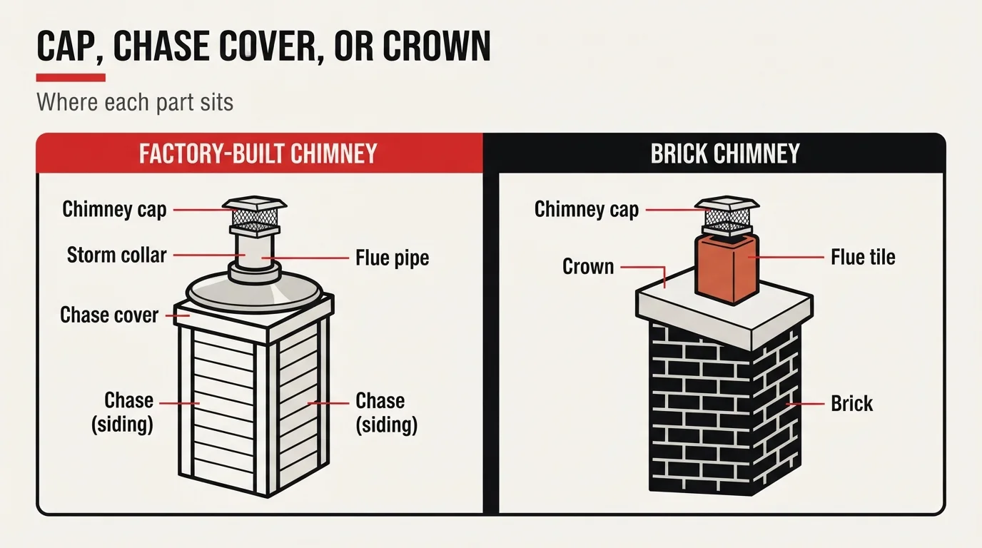 Infographic titled Cap, Chase Cover, or Crown, labeling parts on a factory-built chimney next to a brick chimney
