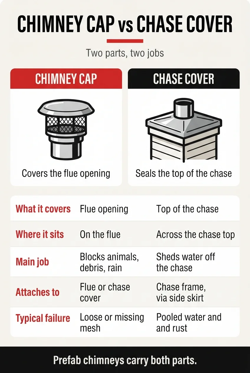 Infographic titled Chimney Cap vs Chase Cover, comparing what each part covers, where it sits, and how each one fails