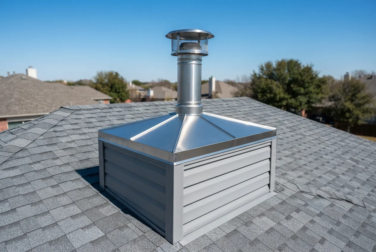 New stainless steel chase cover and cap installed on a gray composition shingle roof