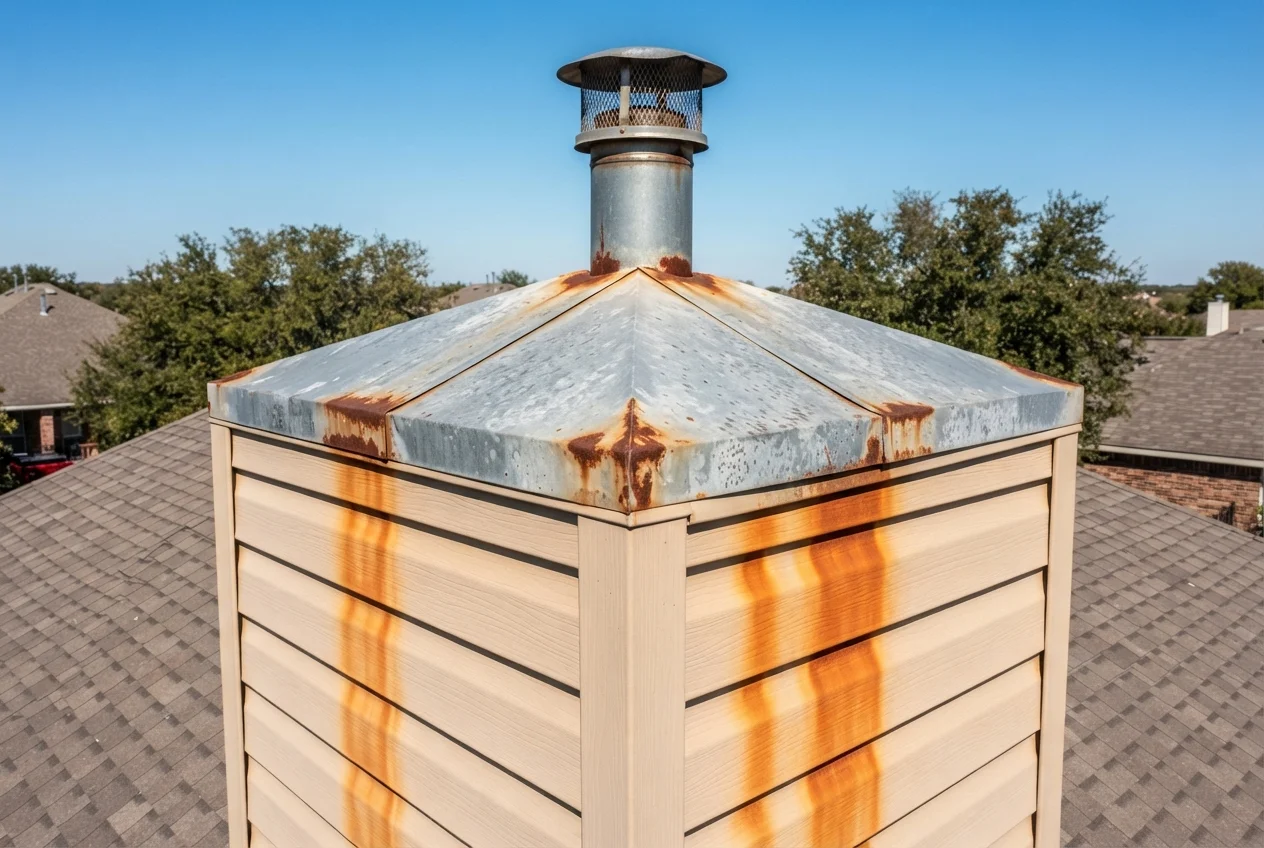 Rust streaks running down tan siding below a corroded galvanized chimney cap and chase top