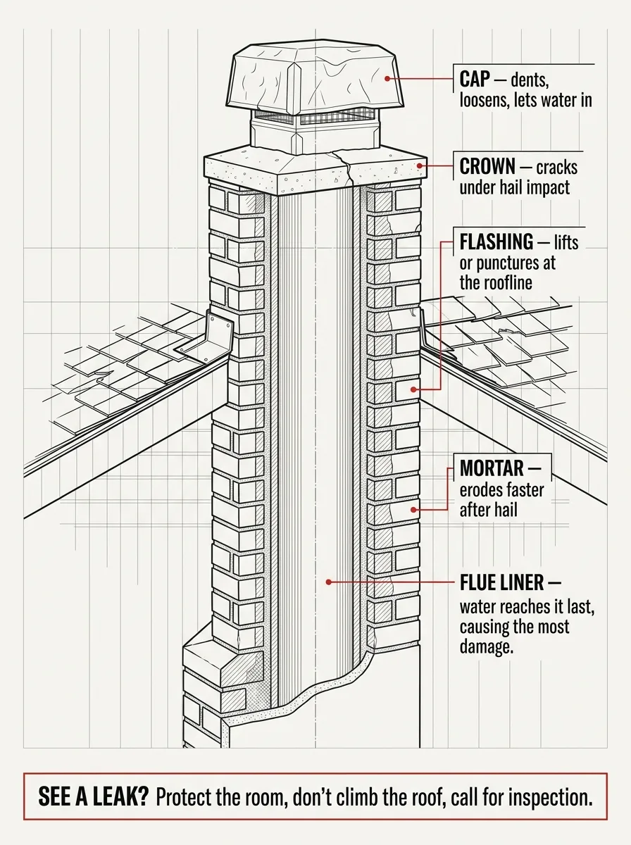 Cutaway diagram of a chimney labeling the cap, crown, flashing, mortar joints, and flue liner