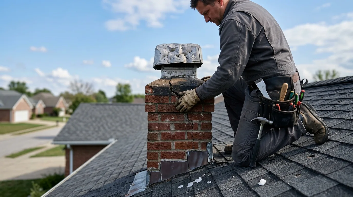Technician on a rooftop inspecting a cracked chimney crown and flashing after a storm