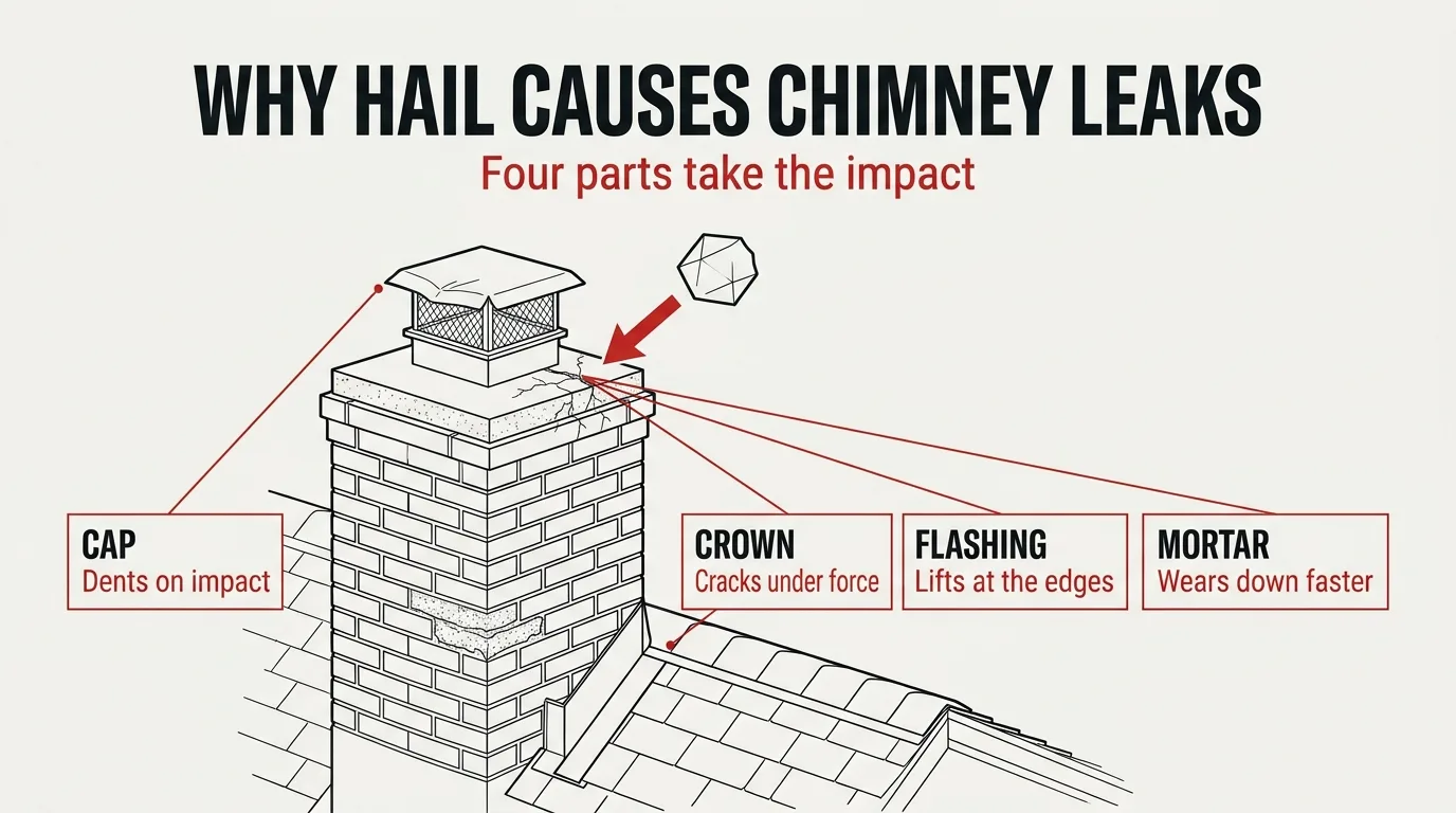 Line diagram of a hailstone striking a chimney with leader lines to the cap, crown, flashing, and mortar