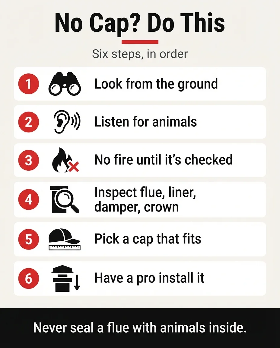 Infographic titled No Cap? Do This, listing six steps from looking from the ground to having a pro install a cap