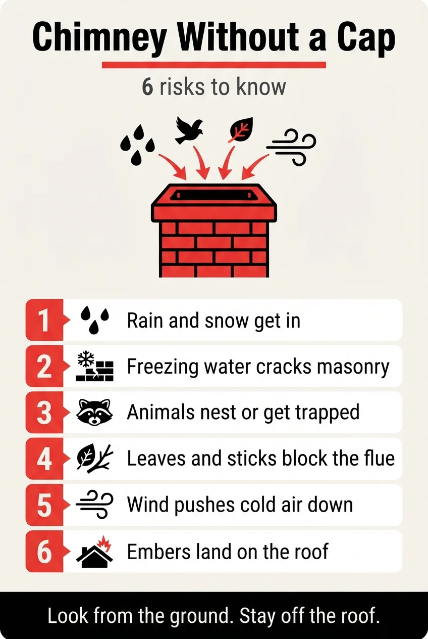 Infographic titled Chimney Without a Cap: 6 Risks to Know, listing rain, animals, leaves, wind, freezing water, and embers