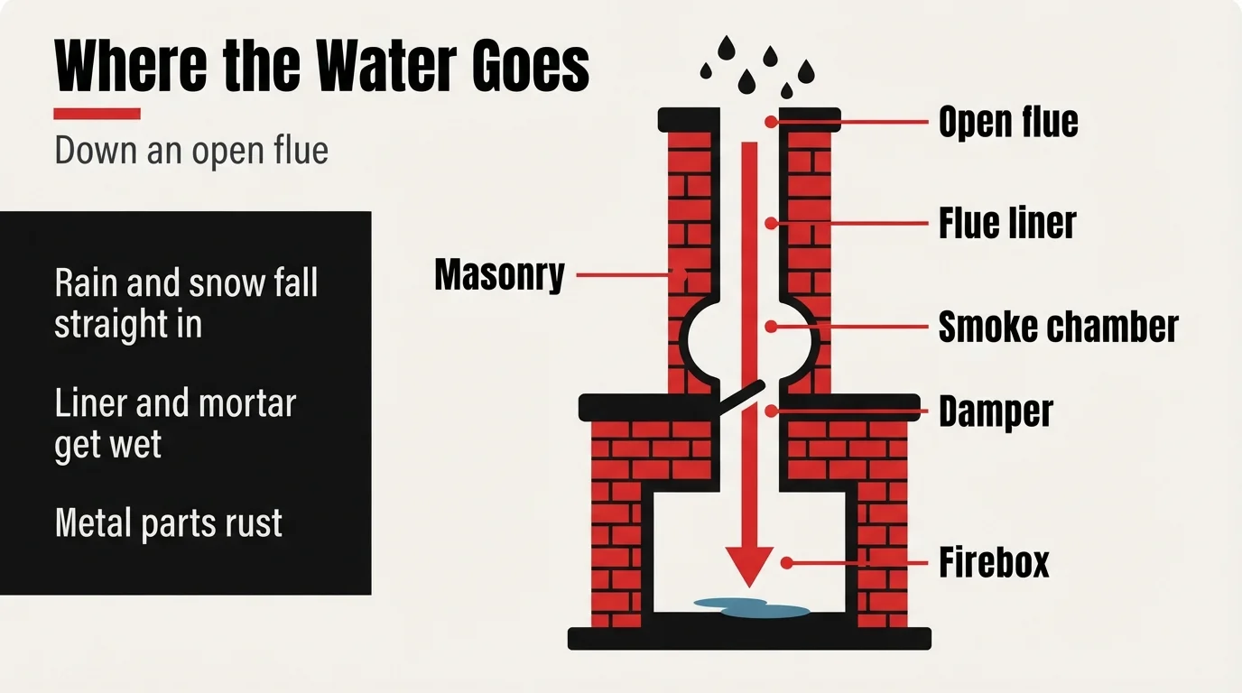 Diagram titled Where the Water Goes, tracing rain down an open flue past the liner, smoke chamber, and damper into the firebox