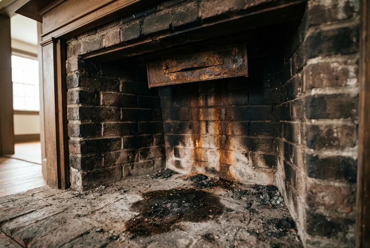 Sooty fireplace firebox with a heavily rusted damper plate and rust streaks running down the brick behind it