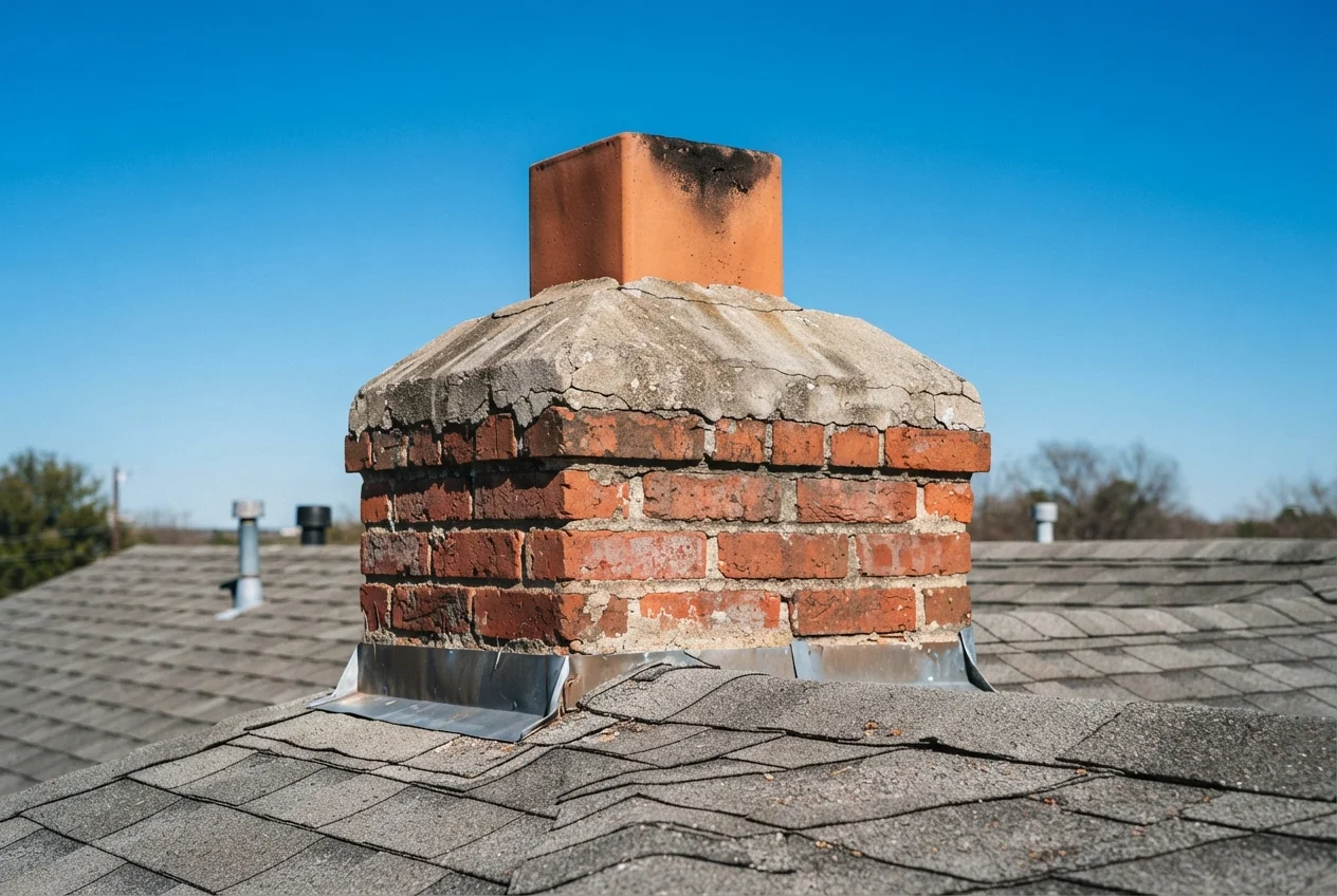 Brick chimney with no cap, showing a bare terracotta flue tile sticking up from a cracked concrete crown