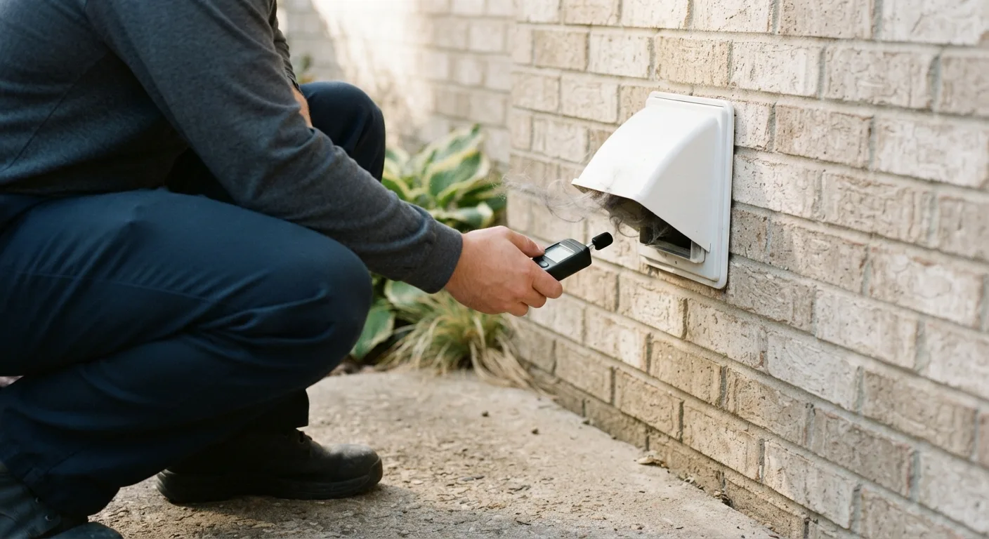 Technician using a handheld meter to check airflow at an exterior dryer vent hood, with lint in the exhaust