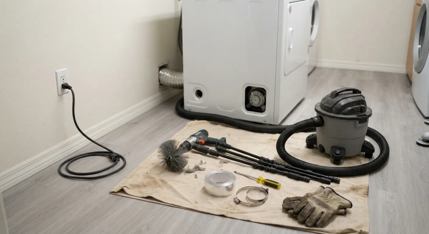 DIY dryer vent cleaning kit laid out: drill-powered brush, flexible rods, vacuum, clamps, and foil tape