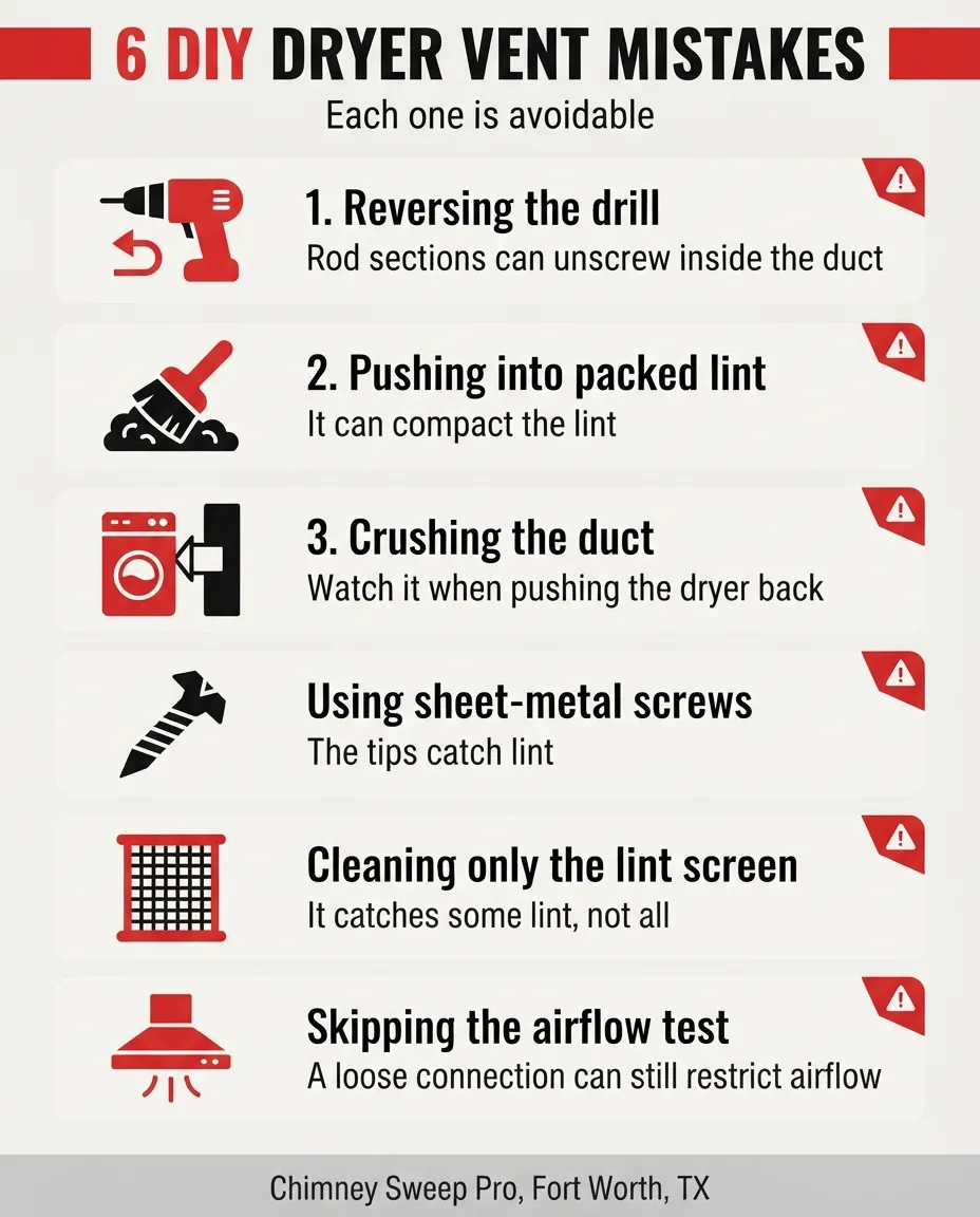 Infographic listing 6 common DIY dryer vent cleaning mistakes, from reversing the drill to skipping the airflow test
