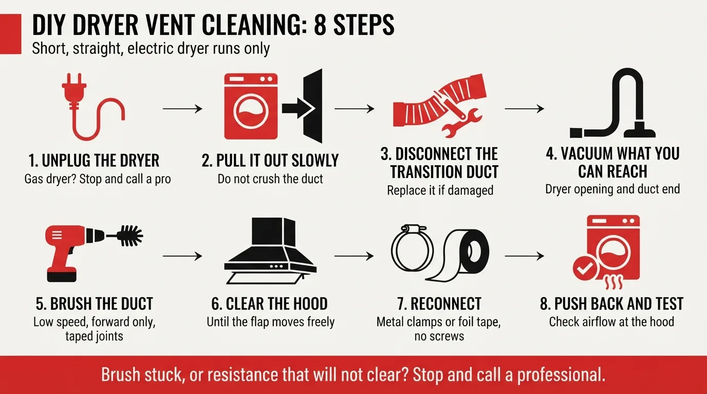 Infographic showing 8 steps for a DIY dryer vent cleaning, from unplugging the dryer to testing airflow at the hood