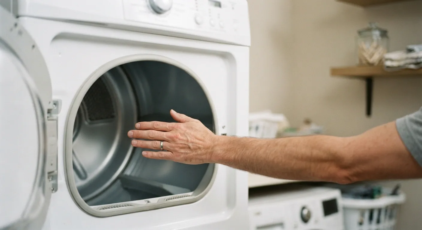 A hand feeling inside an empty dryer drum to check for heat during a test cycle