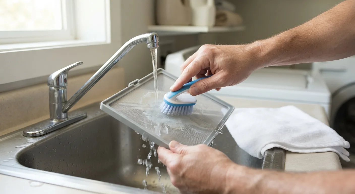 A lint screen being rinsed and scrubbed with a brush under running water at a sink
